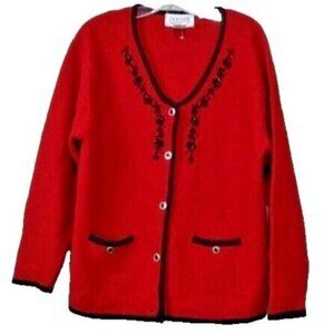 Vintage 90s JANSEN Cardigan Medium Red Wool Blend Beaded Holiday Grandma